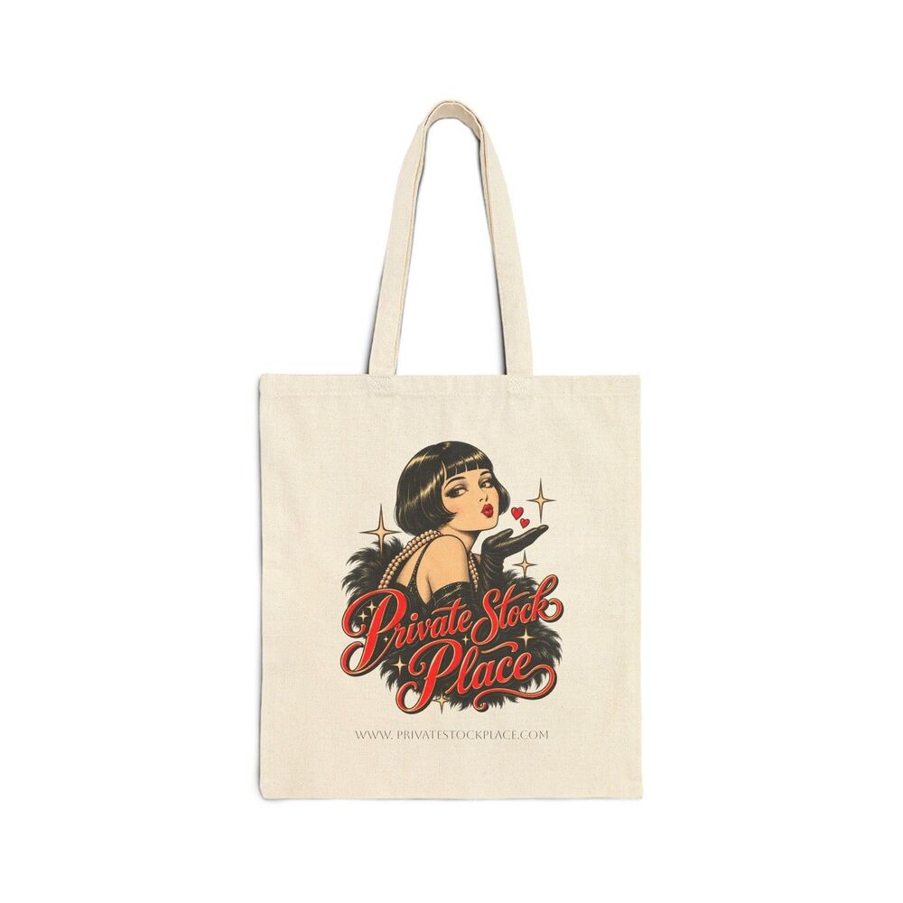 Retro Pinup Girl Tote Bag | Vintage Script "Private Stock Place"
